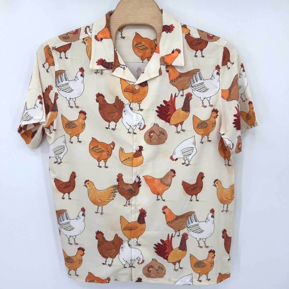 Chicken Rooster Novelty Print Short Sleeve Top Unbranded Button Up Men XL Cream